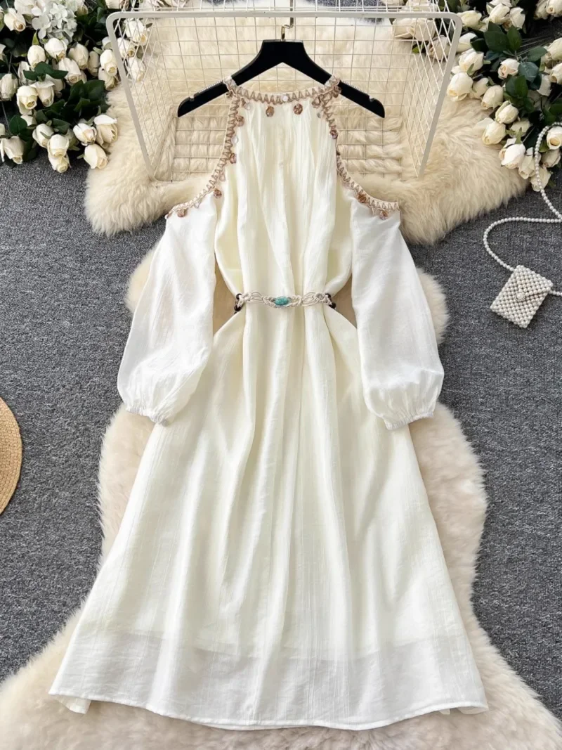 Nuovo abito da vacanza lungo da spiaggia sexy abito longuette da vacanza donna vintage allentato con spalle scoperte manica a lanterna abito da fata a vita