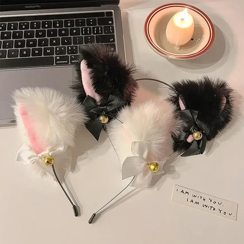 Mode Fuchs Katzen ohr Haarband beliebte Plüsch Katzen ohr Stirnband schwarz weiß weiches Haarband mit Glocken Party Cosplay Haarschmuck