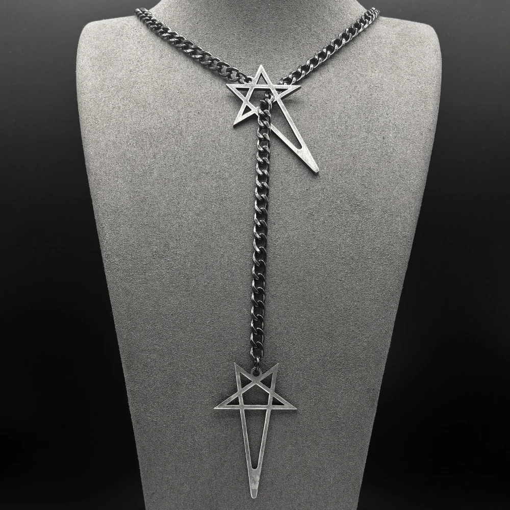 Hiphop Invertierte Pentagramm Kette Frauen Männer Edelstahl Schwarz Goth Y Form Party Lange Anhänger Toggle Halskette Schmuck Geschenk – Detail 7