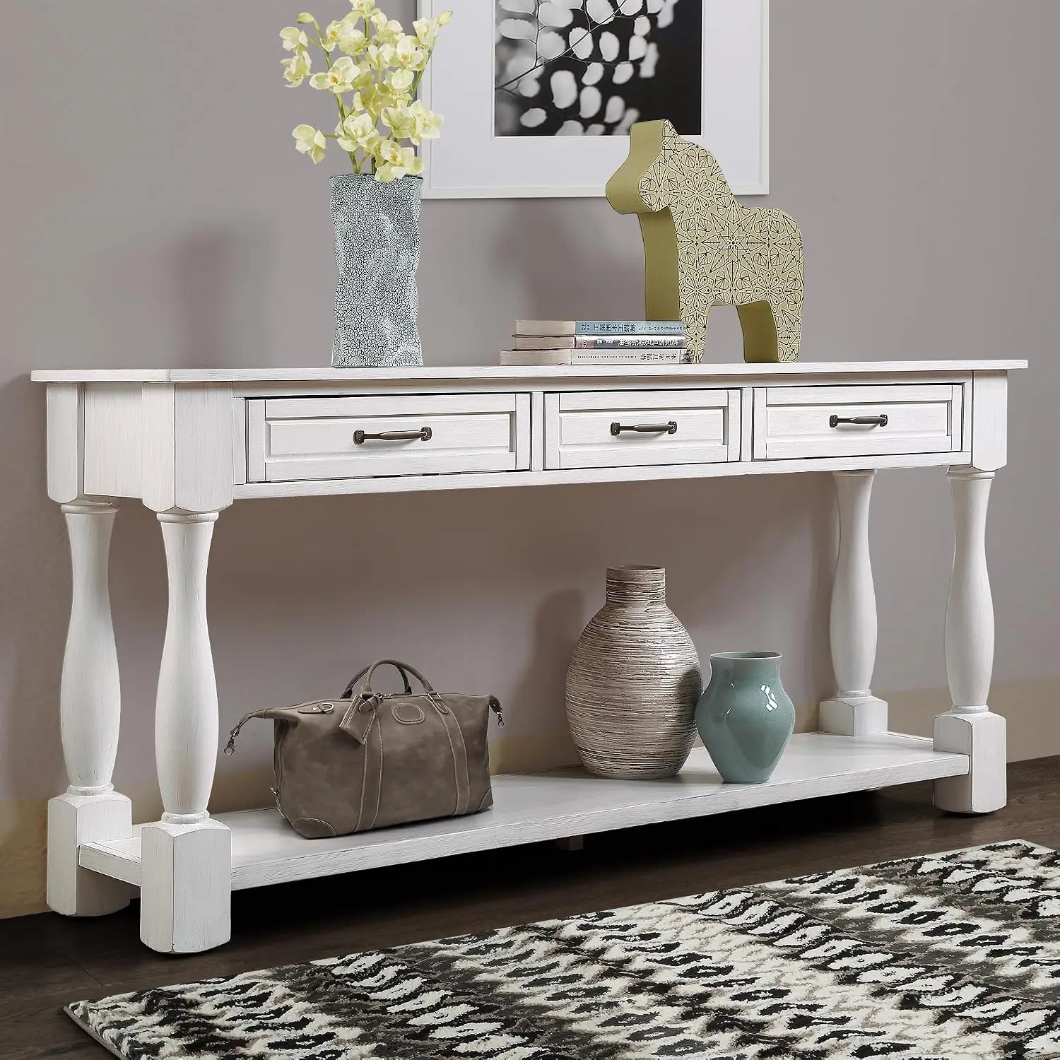 63” Long Console Table with 3 Drawers and 1 Bottom Shelf, Solid Wood Extra Thick Sofa Table for Entryway, Hallway,, Customized