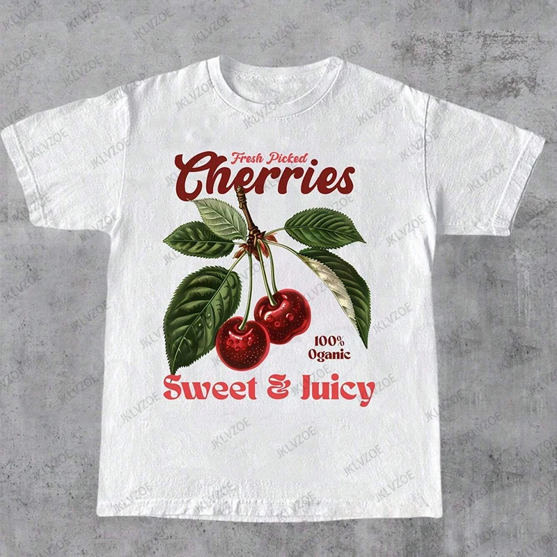 Cherry Pattern Letter Print Oversized T-shirt For Women Short Sleeve Loose Casual Tees Streetwear Vintage Cotton Harajuku Tops