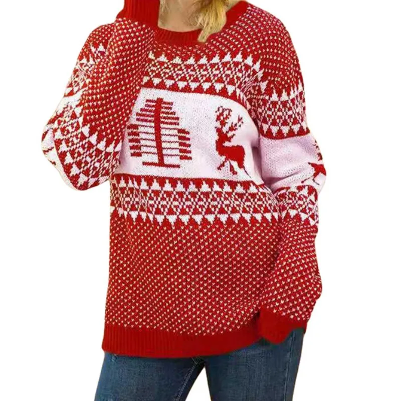 

Women Christmas Sweaters Autumn Winter Reindeer Geometric Print Pullovers Long Sleeve Round Neck Knitting Tops