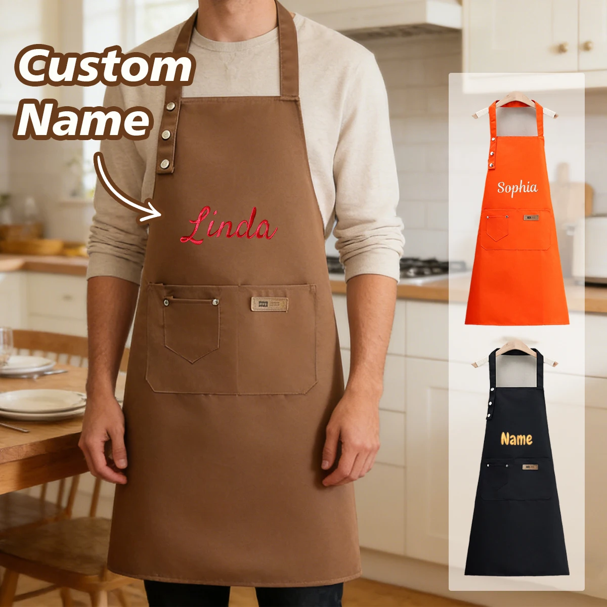 Custom Name Apron, Personalized Aprons For Cooking, Apron With Pockets, Kitchen Aprons, Dad, Mom, Friends, Family