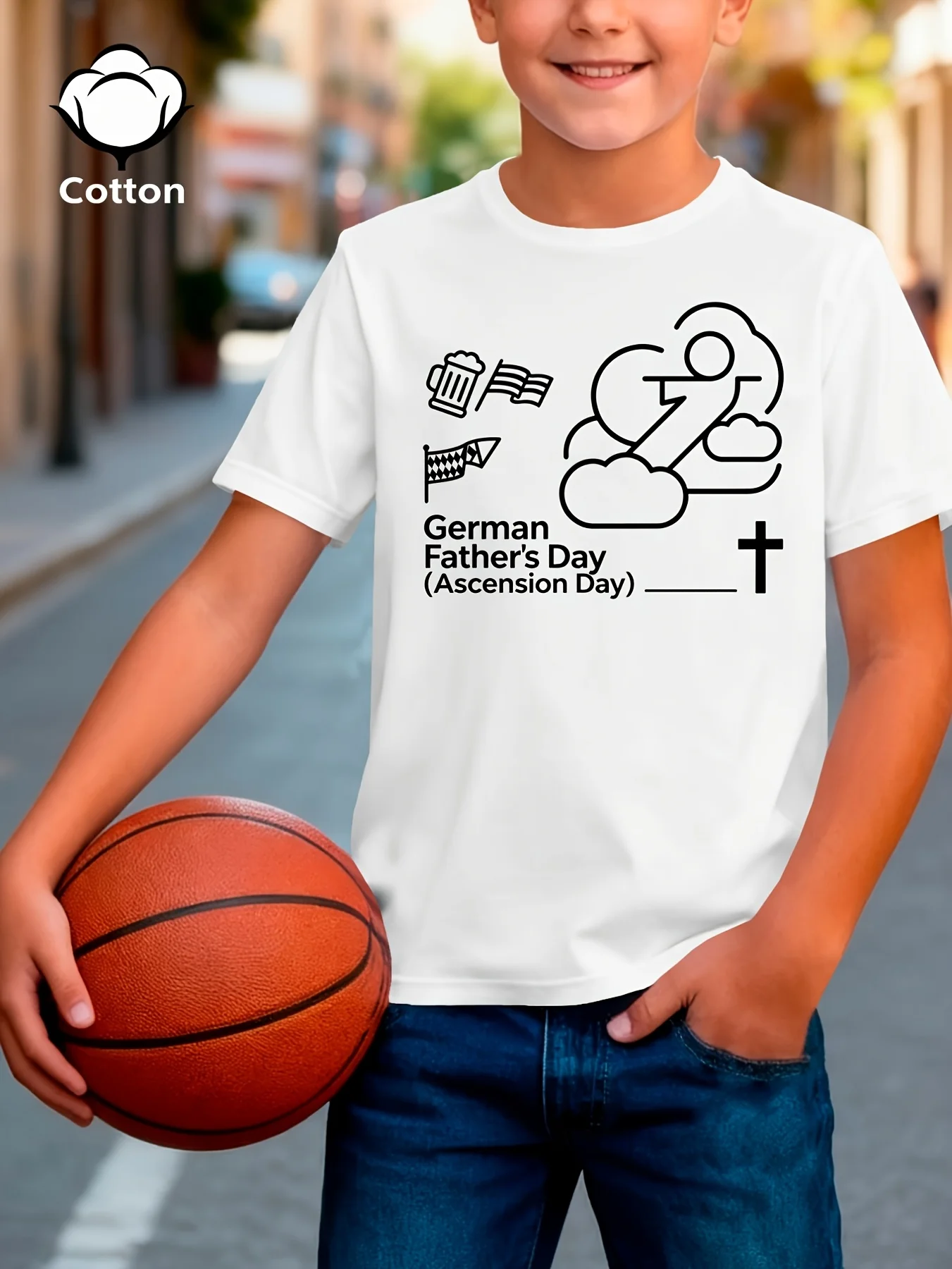Kids  Cotton Tee German Fathers Day Ascension Day Line Art Cross Flag Beer Print Crew Neck Short Sleeve Holiday Tops