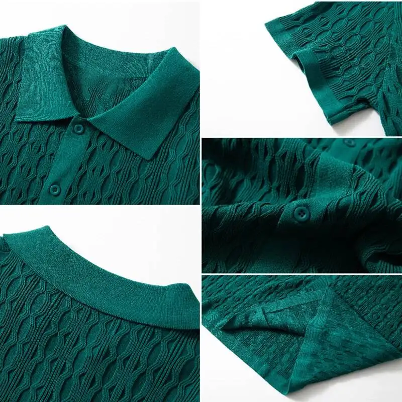 Men Single-Breasted Knitted Polo Shirts Short Sleeve Stripe Jacquarded Luxury Cardigan American Fashion Premium Quality Knitwear