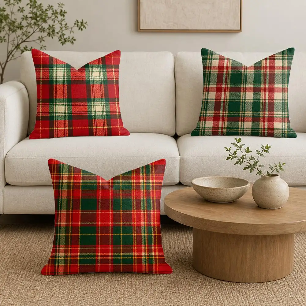 Christmas Retro Plaid Pattern Cushion Cover Linen Double-Sided Printed Pillow Case for Sofa Couch Bedroom Living Room