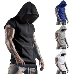 Summer Men Hooded Tank Top Solid Color Short Sleeve Vest Tops with Pocket O-neck Slim Fit Male Fitness Tank Vest Sports Tee Tops