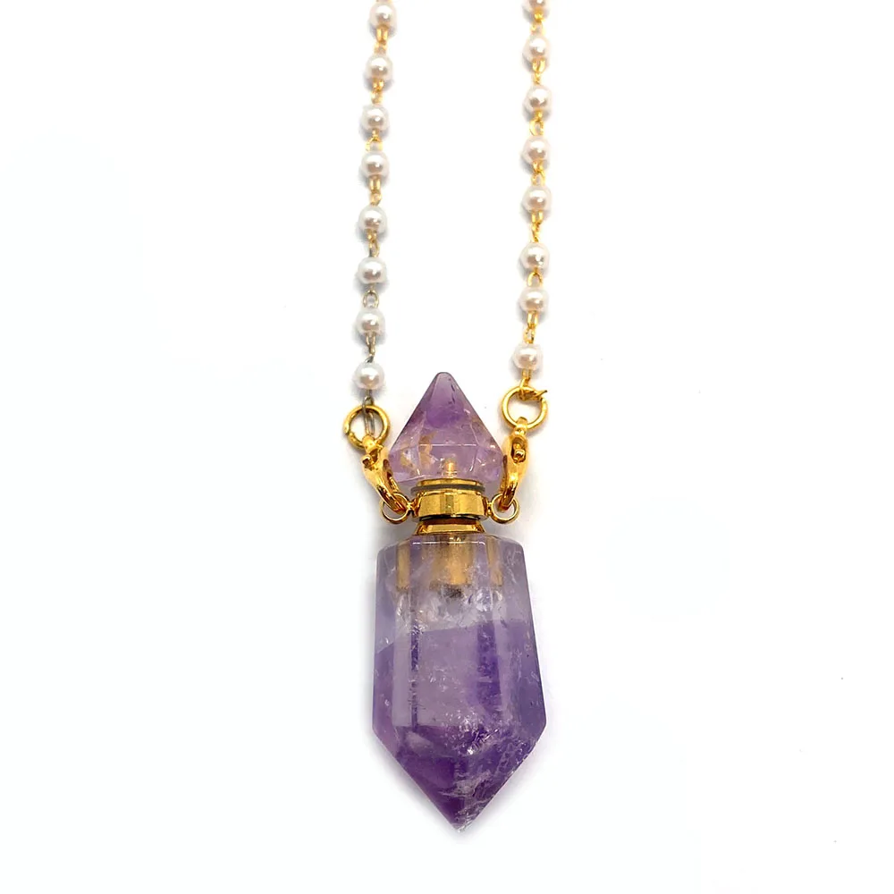 Fashion Natural Stone Amethyst Tiger Eye Stone Perfume Bottle Pendant Necklace Essential Oil Diffuser Small Bottle Charm Jewelry