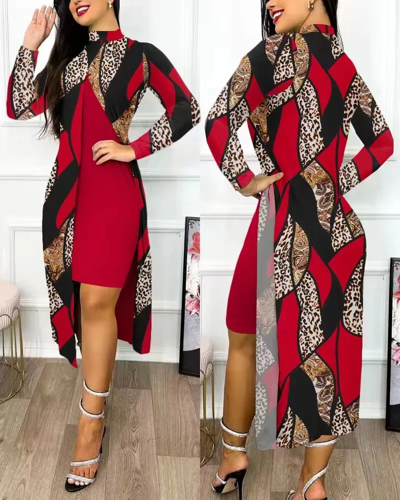 

Women's Dresses Fashion Leopard Print summer Mock Neck Long Sleeves Casual Asymmetric Slit Daily Midi Dress 2023 new