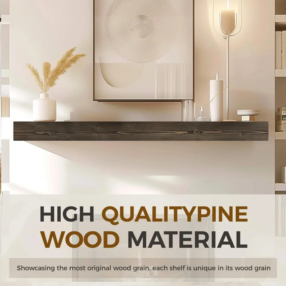 رف عائم خشبي ريفي مقاس 60 بوصة مع دعامات غير مرئية - ديكور حائط سميك لرف الموقد، أسود #4