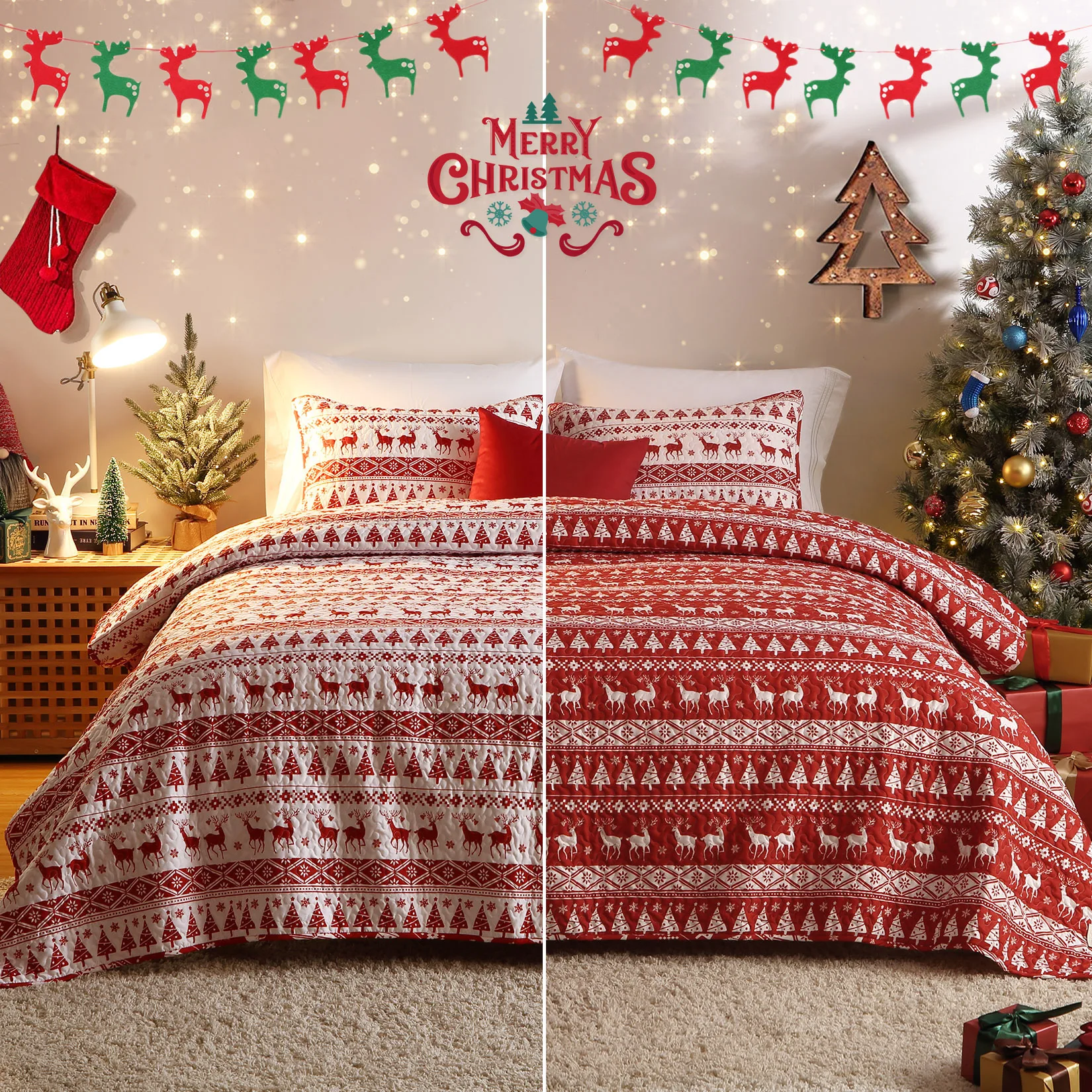Christmas Quilt Set King Size - Boho Reversible Bedspread Coverlet Set with Christmas Tree Reindeer Snowflakes Printed Pattern image 2