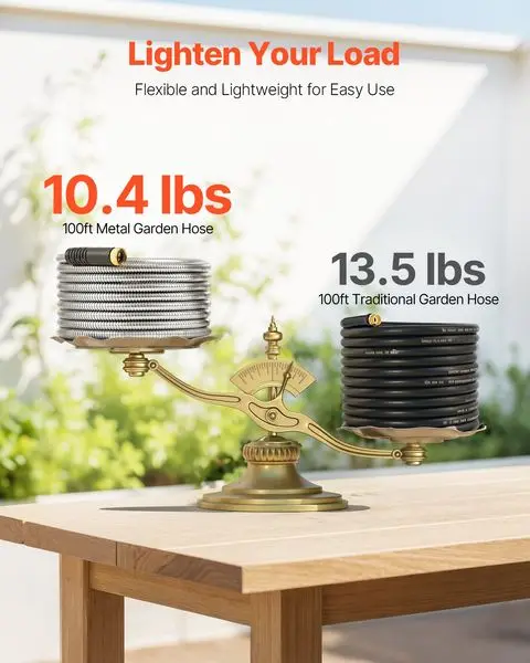 VEVOR Metal Garden Hose 100 ฟุต, สายยางน้ําสแตนเลสกันสนิม, สายยางหลังบ้านสําหรับงานหนักพร้อมหัวฉีด 10 ฟังก์ชั่น, No-Kink