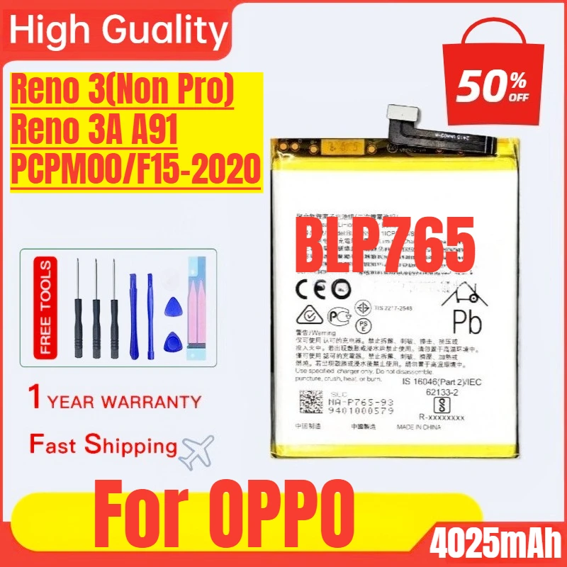 

BLP765 for OPPO Reno 3(Non Pro) / Reno 3A A91/PCPM00/F15-2020 Mobile Phone Battery Replacement Bateria with Tools