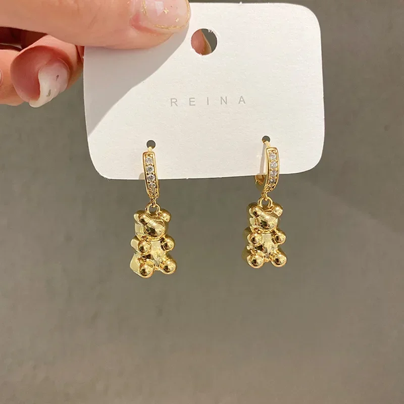 Lovely Bear Earrings for Girls Korean Cute Gold and Silver Color Copper Bears Pendant Hoop Earrings Aretes Jewelry Pendientes