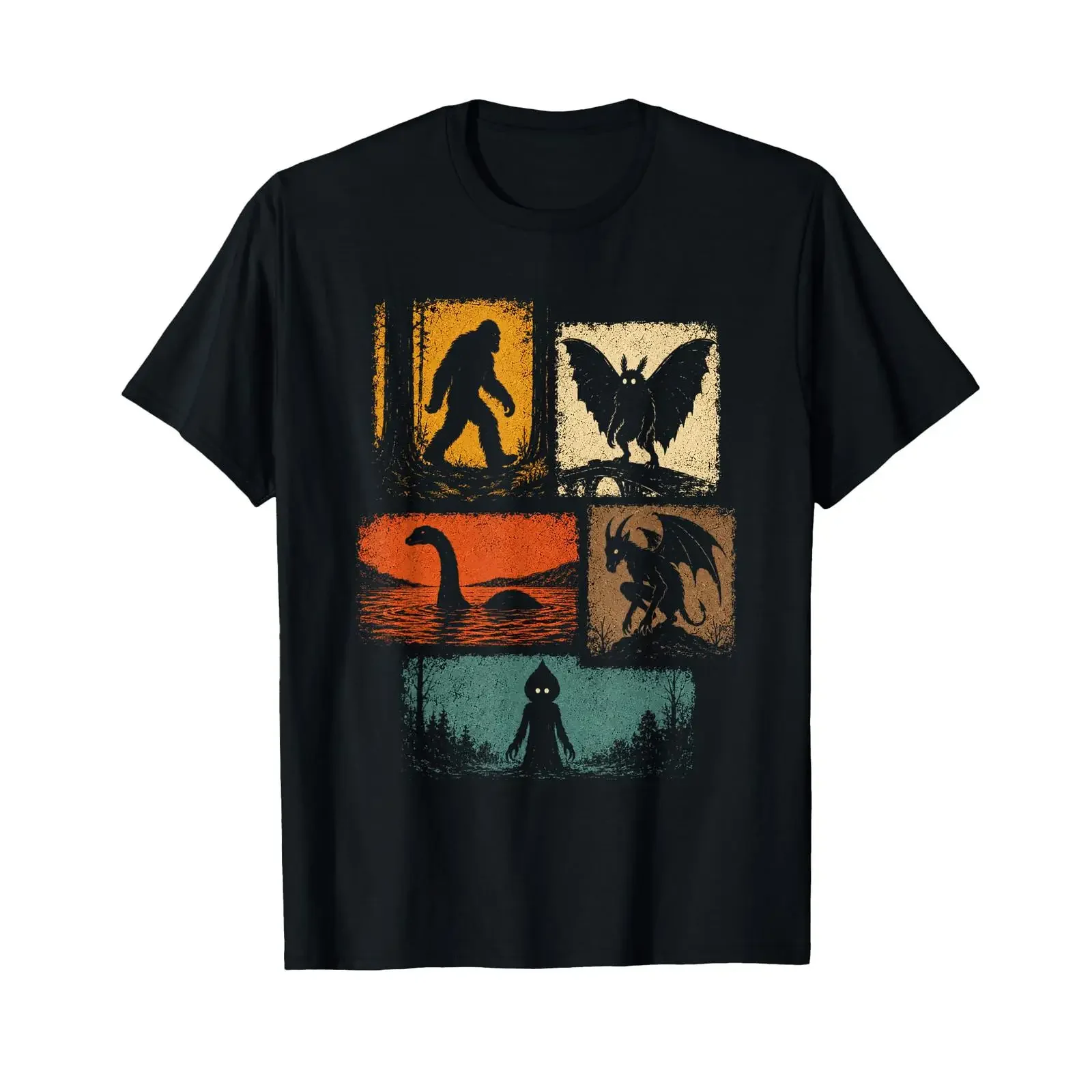 Cryptid Monster Bigfoot Loch Ness Mothman T Shirt vintage Washed streetwear Top For Everyday Wear Stretched homme Slightly