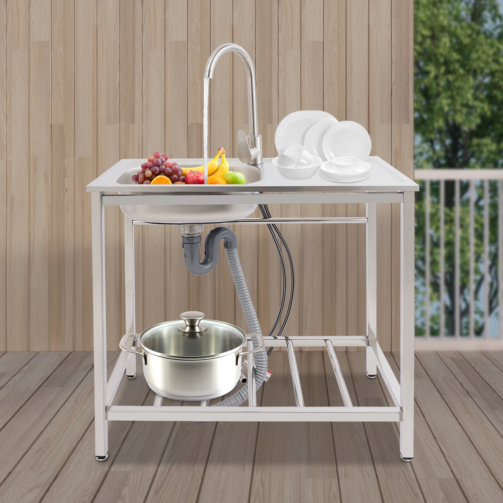 

Utility Sink, Freestanding Outdoor Kitchen Sink with Worktable 75x40x75cm, Includes Hot Cold Faucet, Adjustable Feet, Drainage