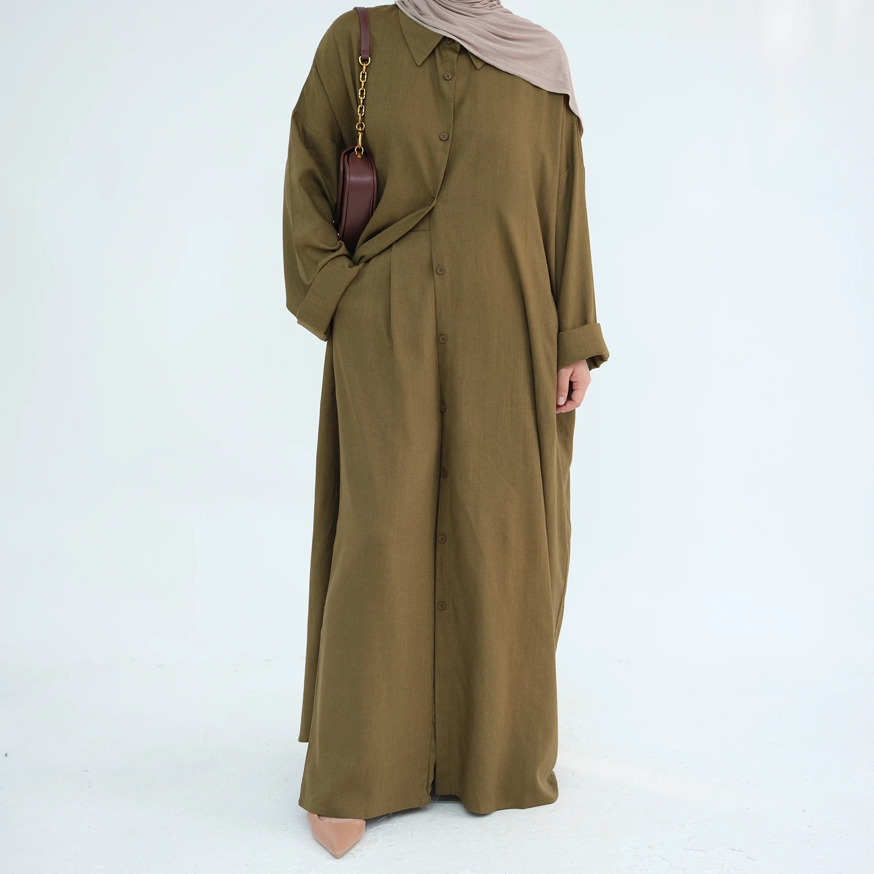 

2025 Dubai Abaya Wholesaler Minimalist Linen Polyester Loose Top With Pants Kimono Abaya Casual Women's Dresses Modest 2pcs Set