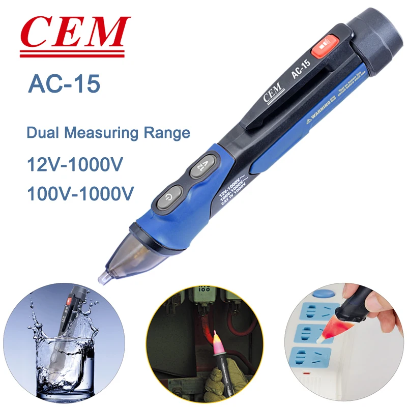 CEM AC-15 NCV AC Voltage Detectors Non-Contact Voltage Tester  Electric Handheld Pen Voltmeter 12-1000V & 100-1000V
