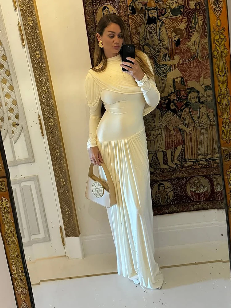 Robe châle plissée pour femmes, couleur unie, Chic, col mi-haut, manches longues, taille haute, Slim, nouvelle robe de soirée quotidienne, 2025