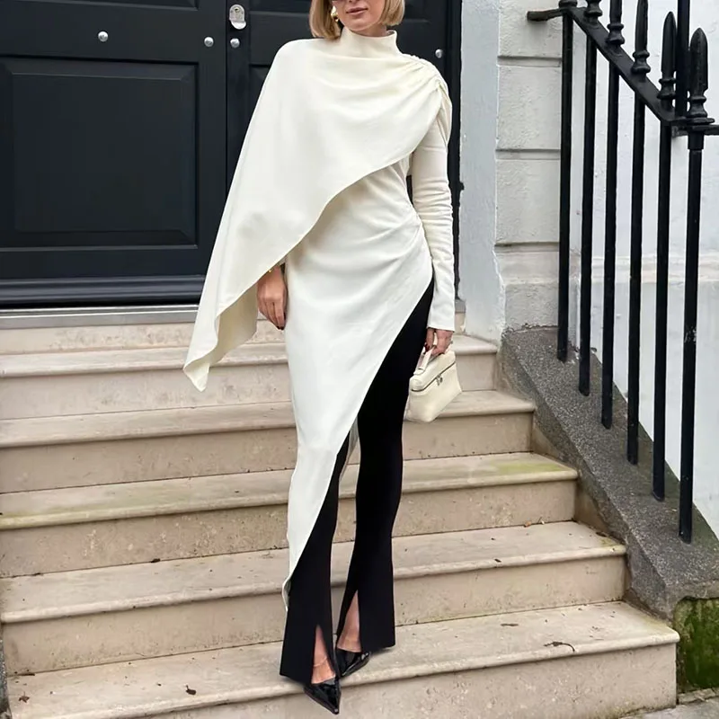 

2026 New Style Elegant Fashionable Asymmetric Double-layer Half-Height Collar Slanting Skirted Wrap-style Shirt for Women