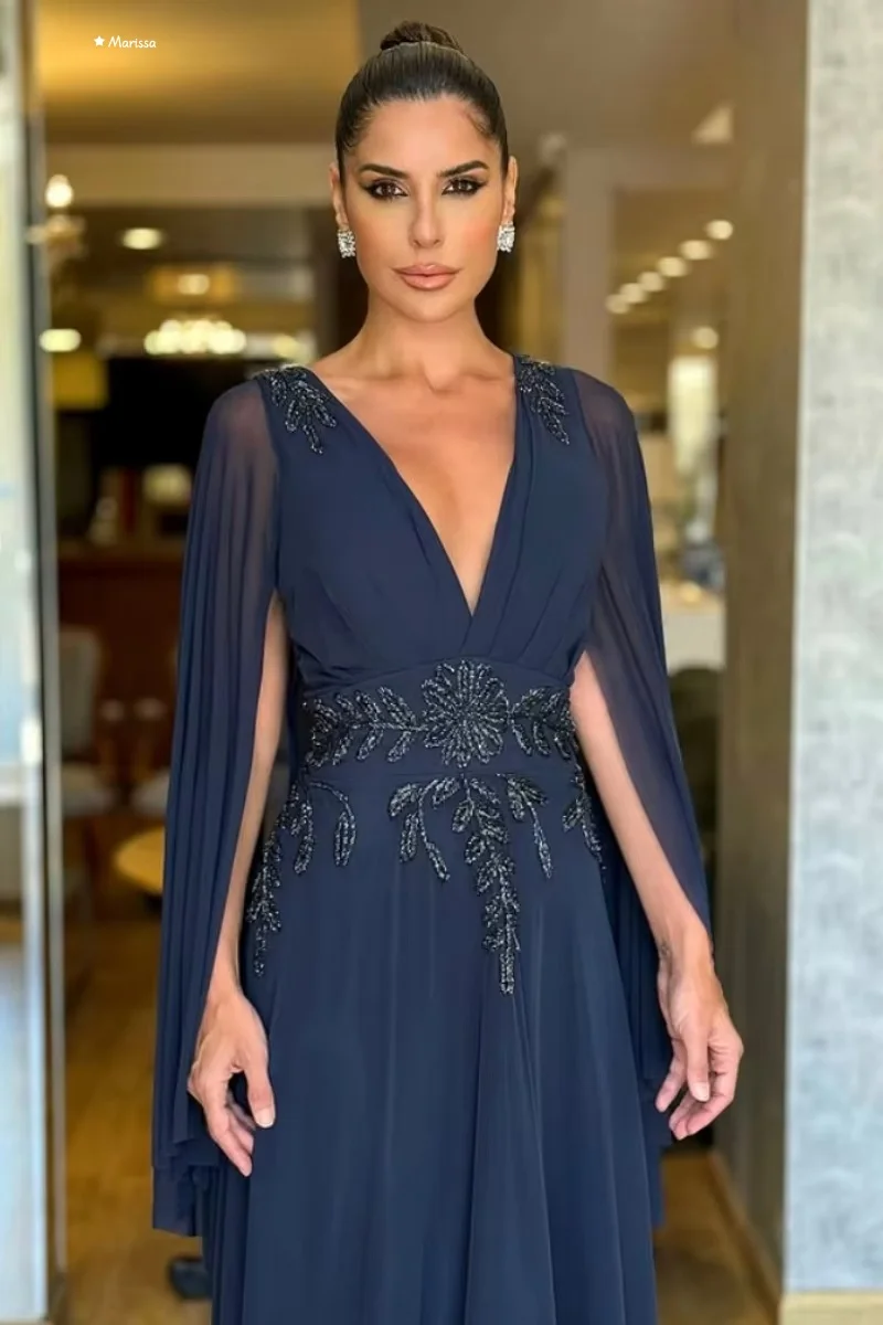 Marissa feito sob encomenda vestidos de noite mulher elegante luxo feminino elegante vestido de festa linha uma decalque tule com decote em v mangas compridas baile