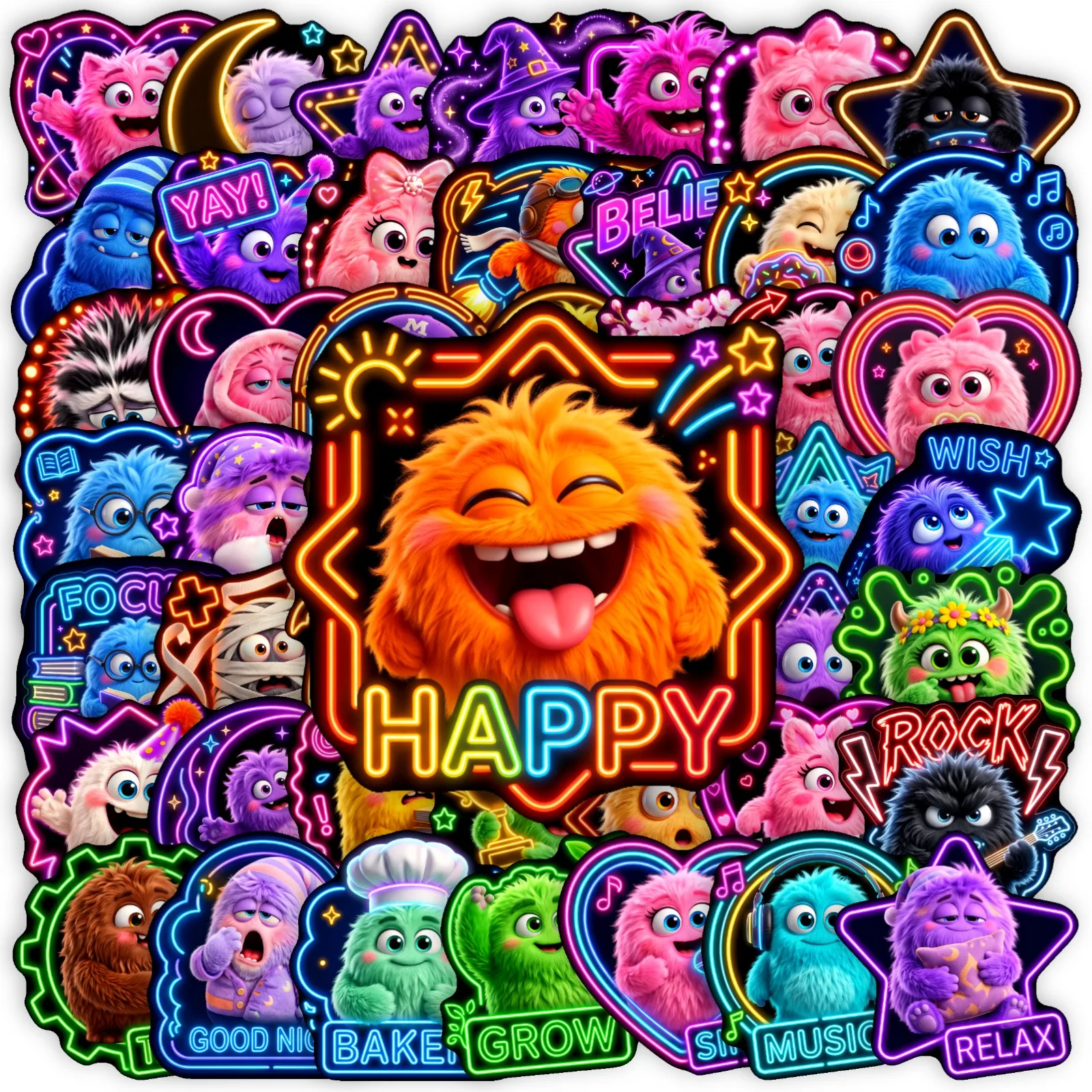 50Pcs Cute Neon Monster Sticker Pack, Kawaii Funny Decorative Stickers for Laptop, Notebook, Phone Case, DIY Decor