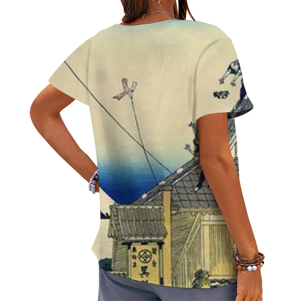 CLOOCL Ukiyo-e Women T-shirt Suruga Ejiri Genre Painting 3D Print Tees Button Decorate Short Sleeve Blouse Artistic Tops