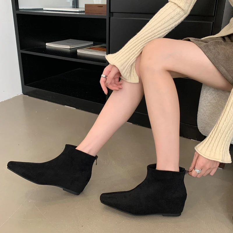 Black Wedges Shoes For Women Ankle Boots Heels 5cm Fall Brown Suede Low Heels Boots Casual Ladies Shoes Botade Mujer