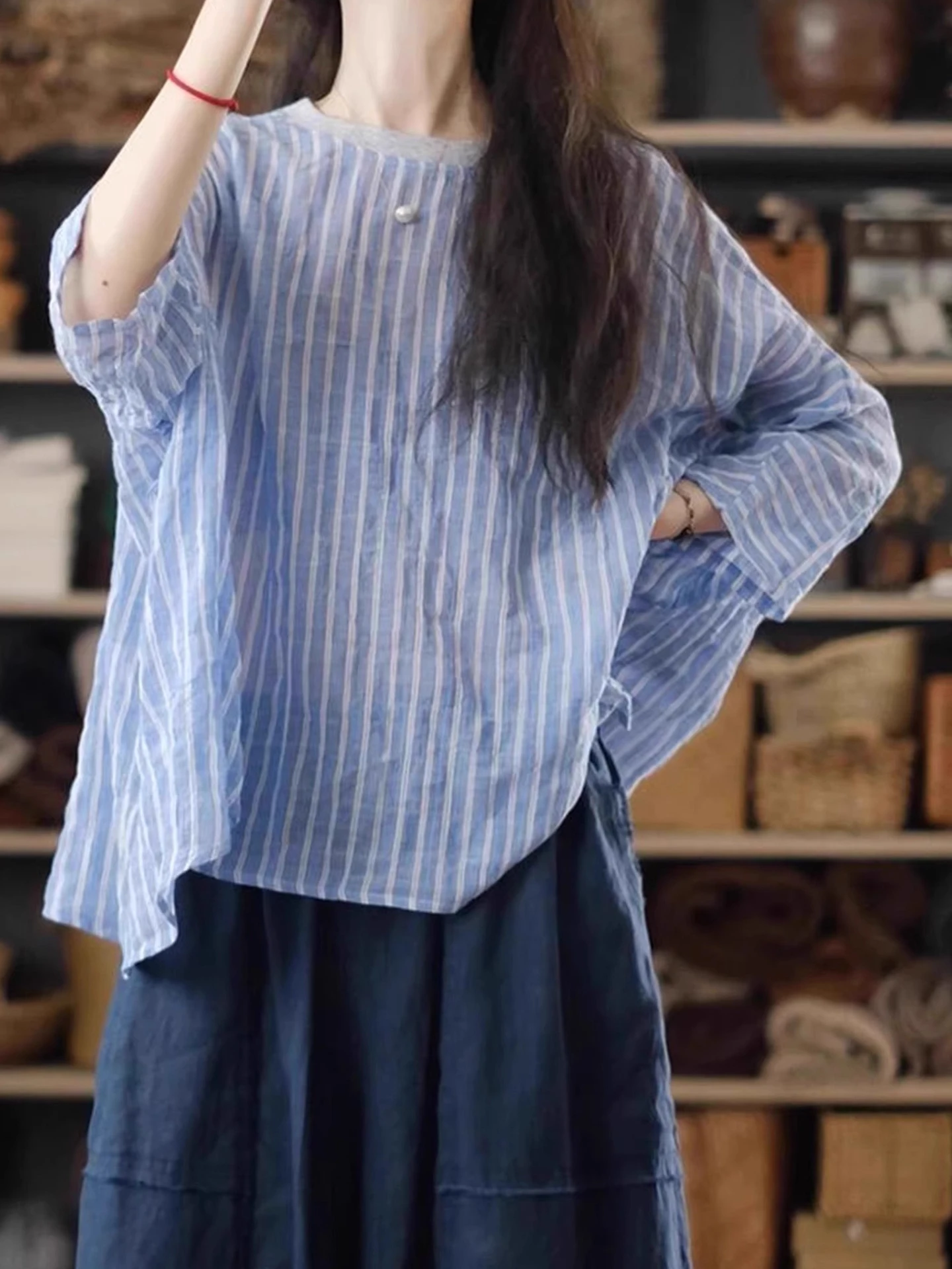 

Элегантный полосатый пуловер с круглым вырезом и цветовыми блоками в корейском стиле, шелковый топ для создания молодежного образа