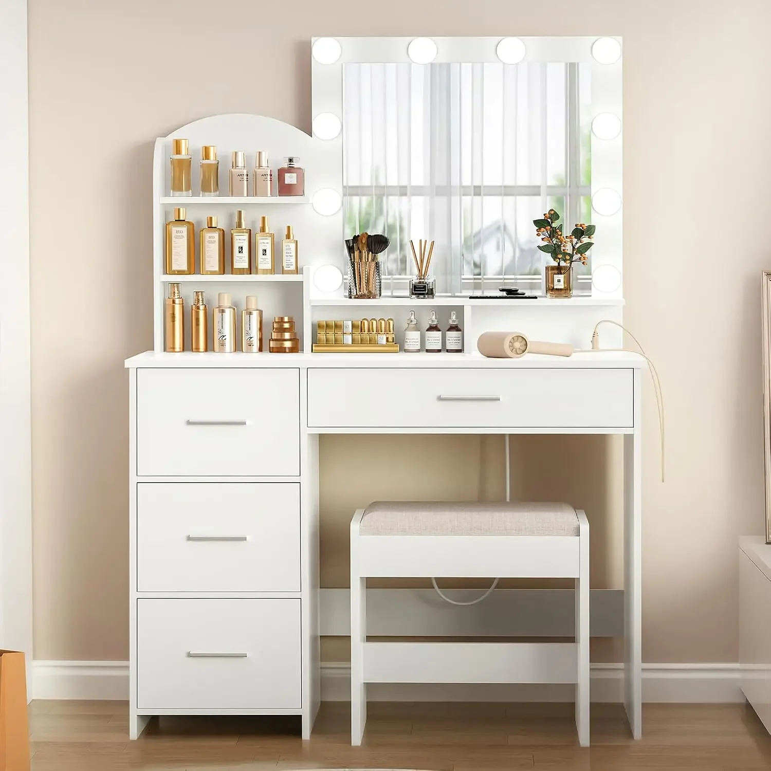 Makeup Vanity with 10 Light Bulbs and Charging Station, Vanity Desk with Lighted Mirror & 4 Drawers Chest, Vanity Set