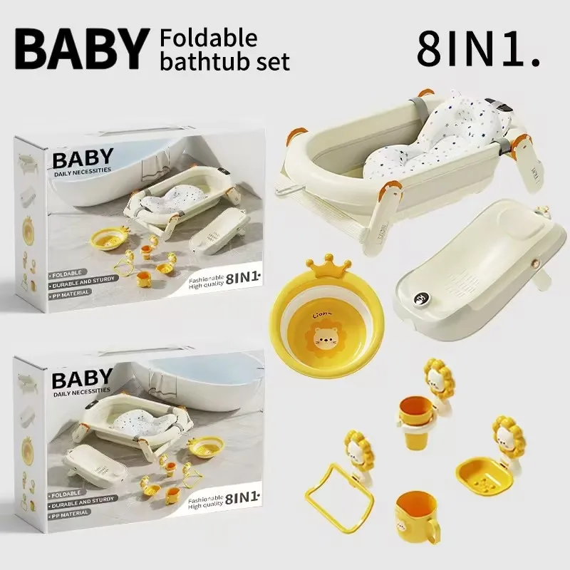 8-In-1 Baby Bath Set Foldable Thickened PP Material Folding Bath with Temperature-Sensing Function Suitable For Babies 0–3 Years