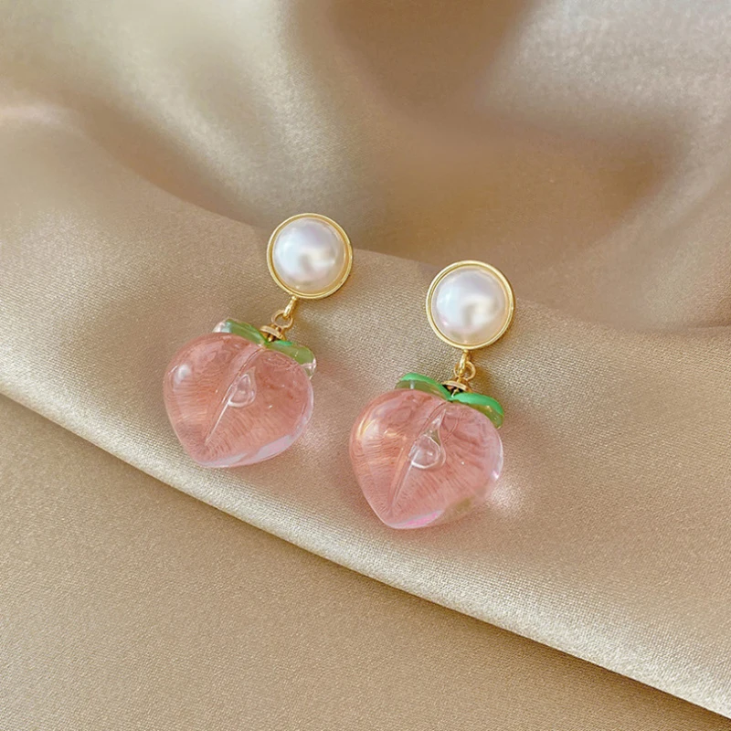 Transparent Light Pink Peach Shape Dangle Earrings for Women Acrylic Imitation Pearl Round Drop Earrings Cute Heart Jewelry Gift