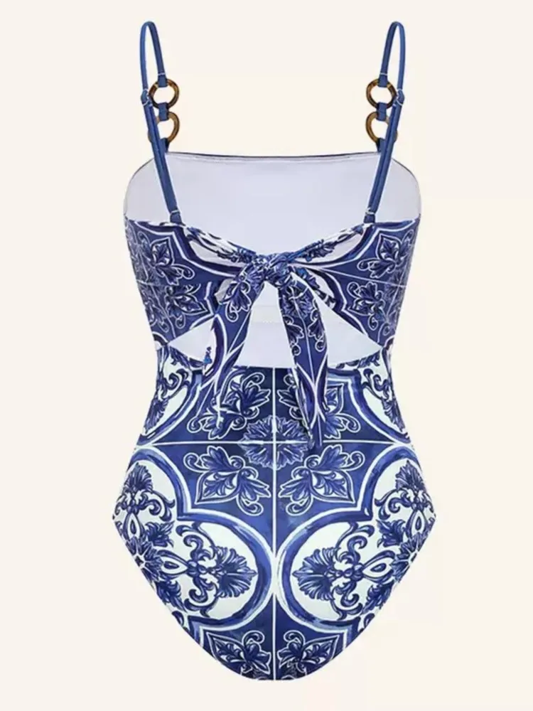 Retro Bikini Printed Fashion Two Piece Swimsuit And Cover Up With Skirt Tight Women's Bandage Summer Beach Luxury Elegant