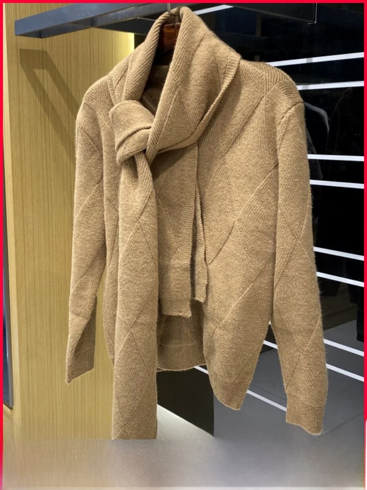 

Удобный вязаный свитер со встроенным шарфом, повседневный базовый мужской осенне-зимний модный стильный теплый шерстяной свитер с длинными рукавами