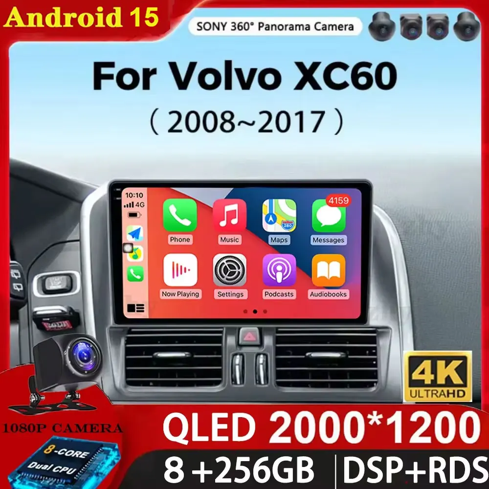 Android 15 Radio de coche inalámbrico CarPlay Android Auto Radio para Volvo XC60 2007 2010 2013 2014 2017 4G coche Multimedia GPS Autoradio