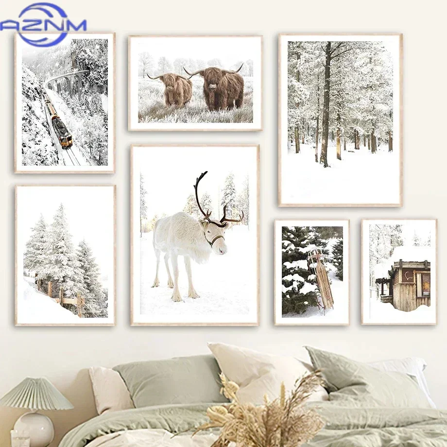 Winter Snow Scenery Picture Elk Field Tree Wall Art Minimalist Print Canvas Painting Posters for Living Room Home Decor  ﻿