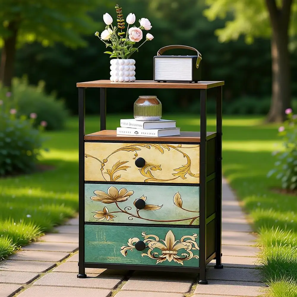 

Vintage 3-Drawer Fabric Nightstand, Storage Side Table for Bedroom or Living Room