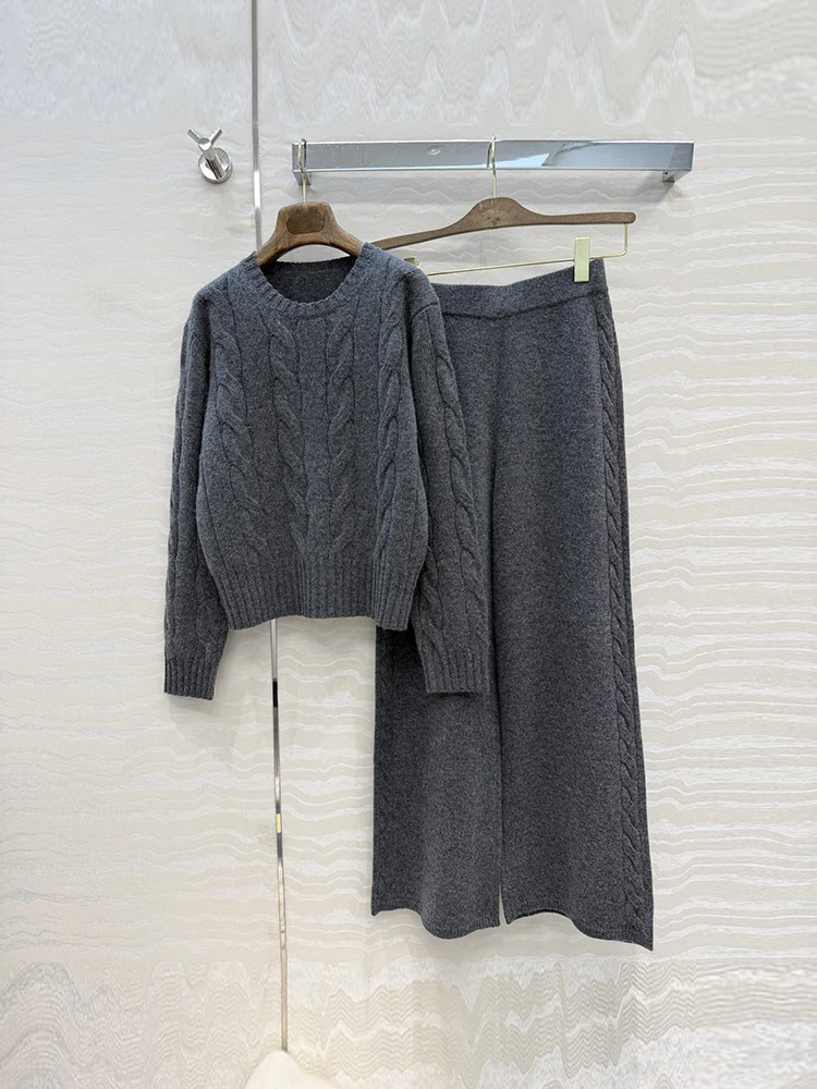 Autumn Winter Fashion Dark Grey Casual Cashmere Trousers Suit Women's O-Neck Loose Pullovers +Elastic Waist Wide Leg Pants
