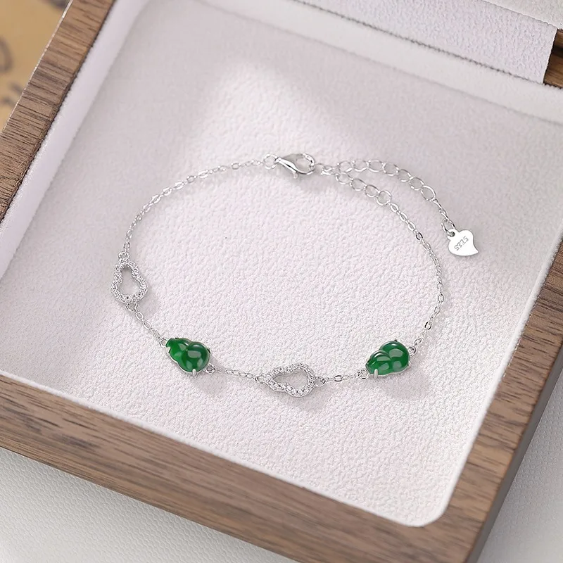

TIMESWIND Sweet Green Jade Gourd S925 Silver Hollow Zircon Women Bracelet with Certificate