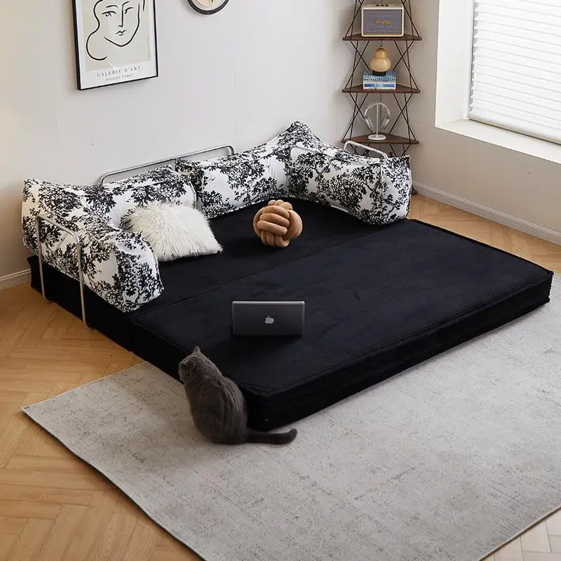 

French antique sofa bed dual-purpose living room retro tofu module folding lazy integrated compression fabric sofa
