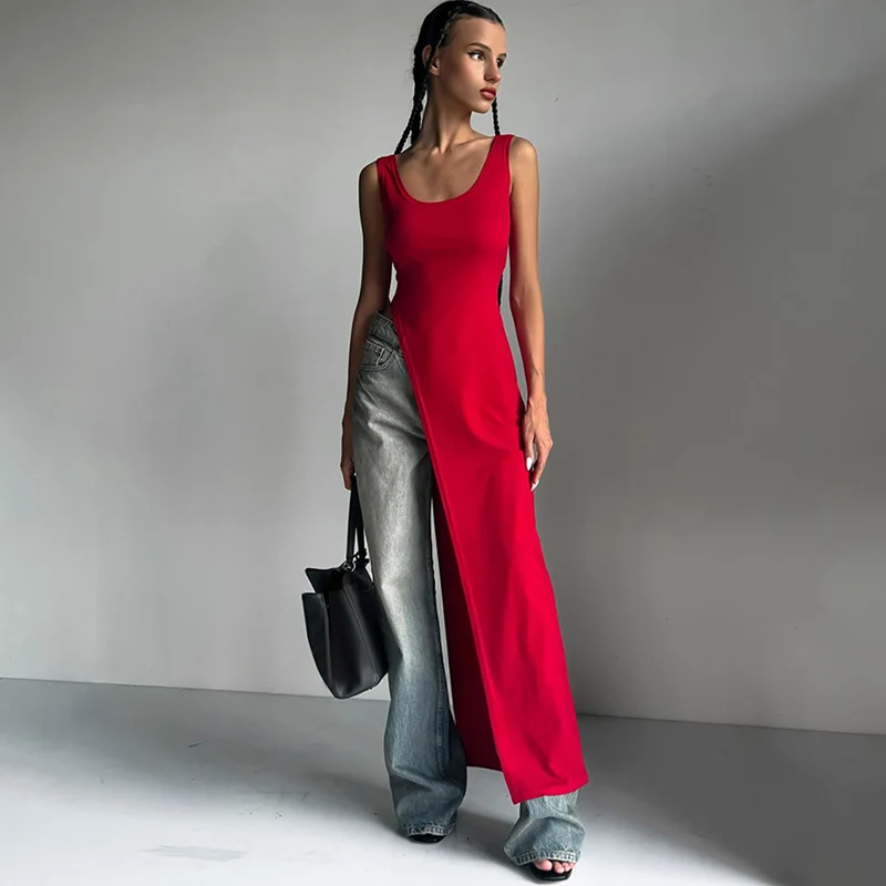 Sexy Sleeveless Side High Split Midi Dress Backless Women's Summer Party Club Streetwear Y2K Style Solid Color