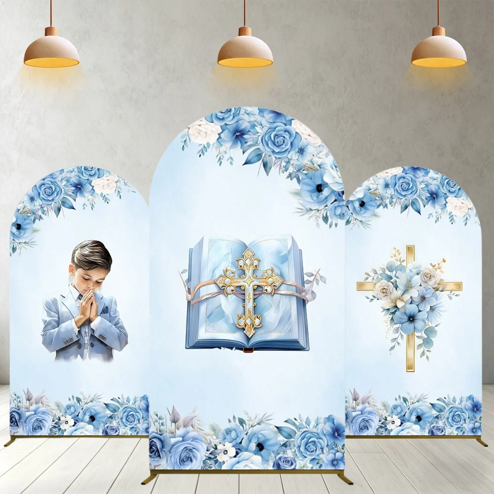 First Communion Blue Arch Backdrop Cover Cross God Bless Prayer Holy Grail Baptism Baby Shower Arched Background Wall Decoration