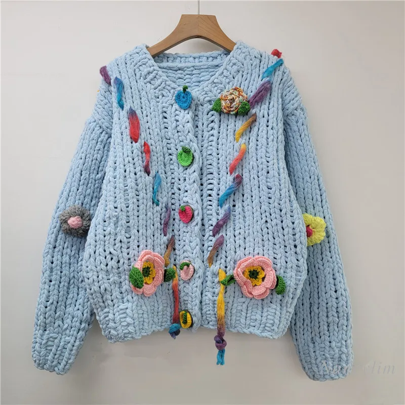 

Autumn and Winter Cardigan New Three-dimensional Flower Long-sleeved Thickened Stick Needle Knitted Loose Sweater Women 2025