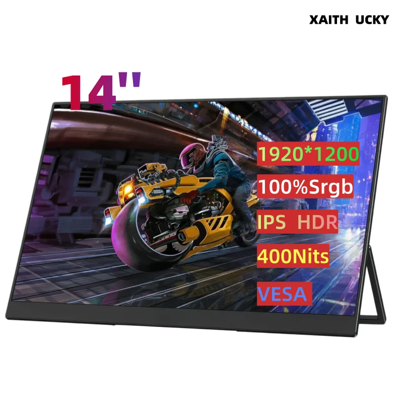 XAITH UCKY 14-inch Portable Monitor with Built-in Stand | Ultra-slim Design with 180 Adjustable Kickstand, Secondary Screen for