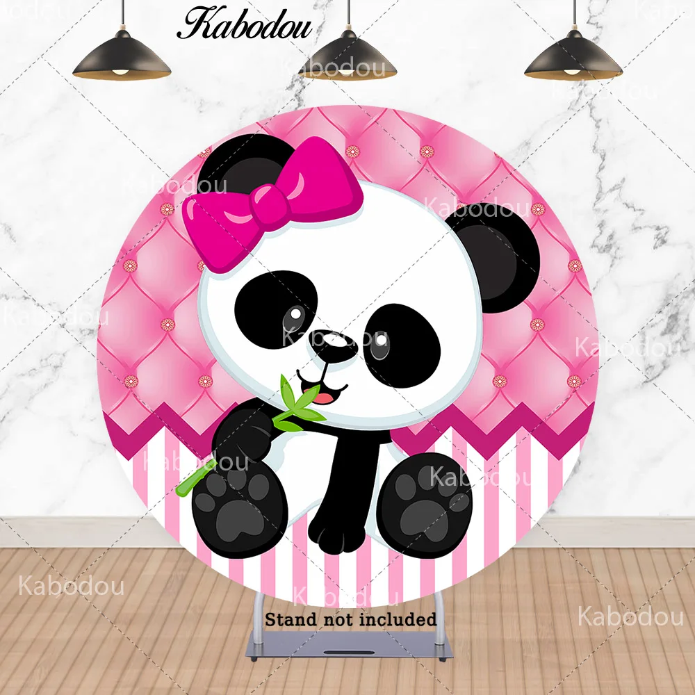 Kabodou Pink Panda Circle Photo Backdrop Birthday Baby Shower Cartoon Cute Round For Kids Photography Background Cylinder Covers