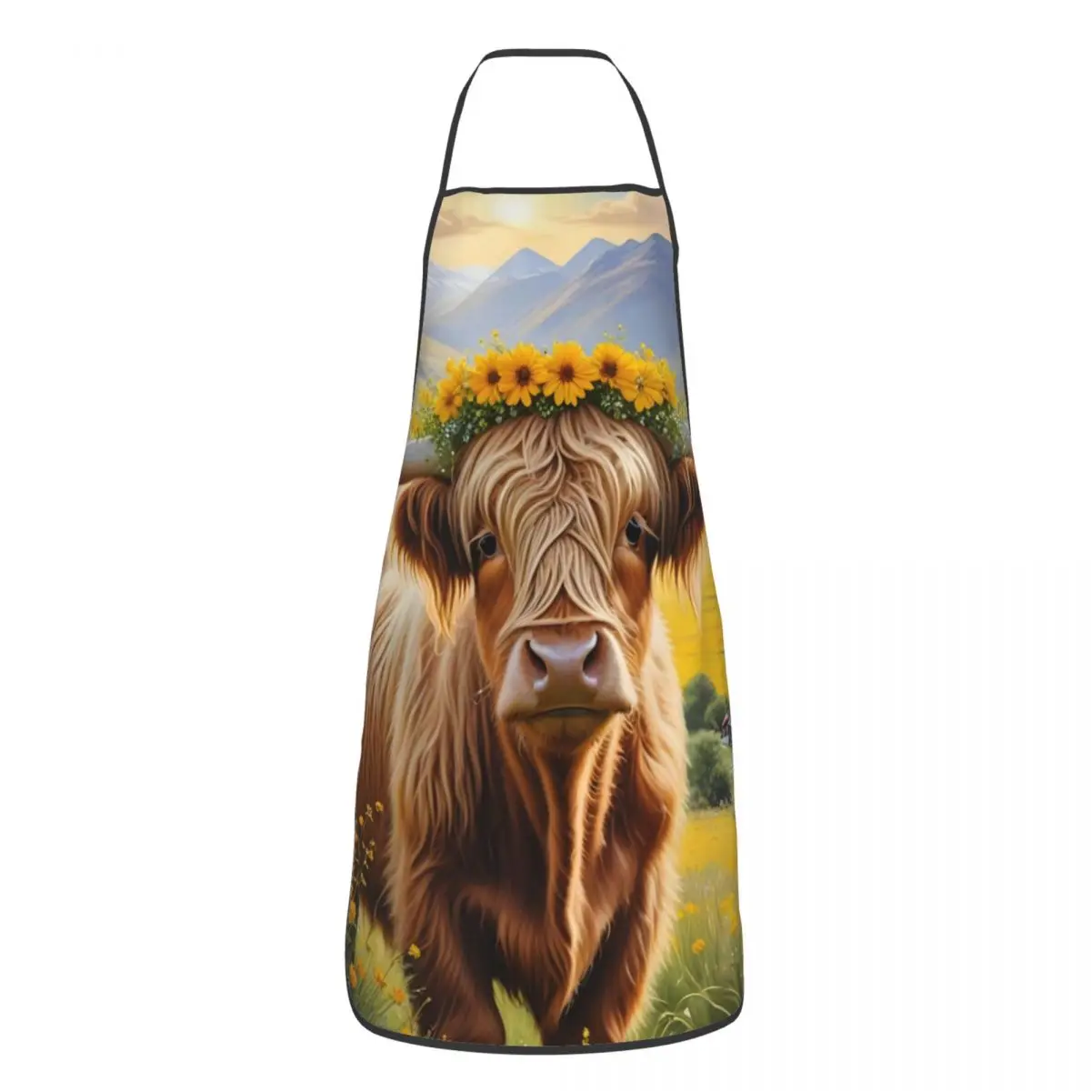 Custom Highland Cow And Flower Apron for Women Men Unisex Bib Kitchen Cooking Tablier Cuisine Chef Baking