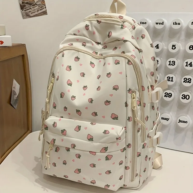 Fashion Backpack Large Capacity Multi Compartment Ladies Backpacks, Printed Rose Student Backpack with Bear Pendant Decoration