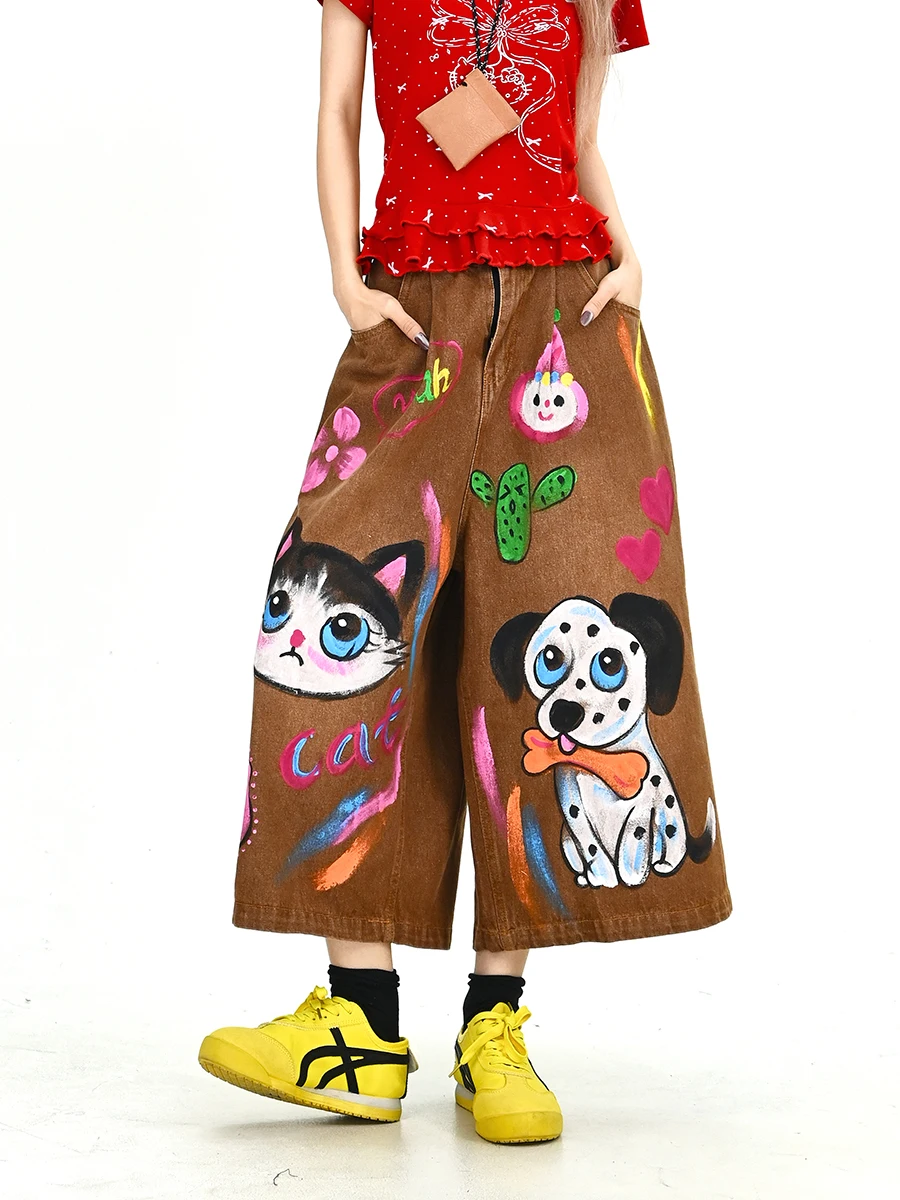

Женские широкие джинсы Lazy Cartoon Fit, свободные, в американском ретро-стиле, летние, новые, модные брюки с удобной высокой талией