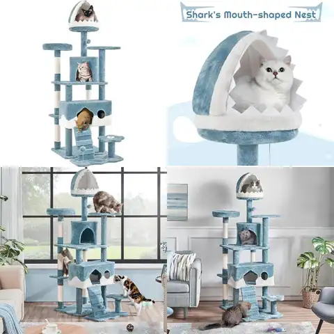Ocean-Themed 72.5-inch Multi-Level Large Indoor Cat Tree with Shark Mouth Bed and 2 Big Caves for Cats