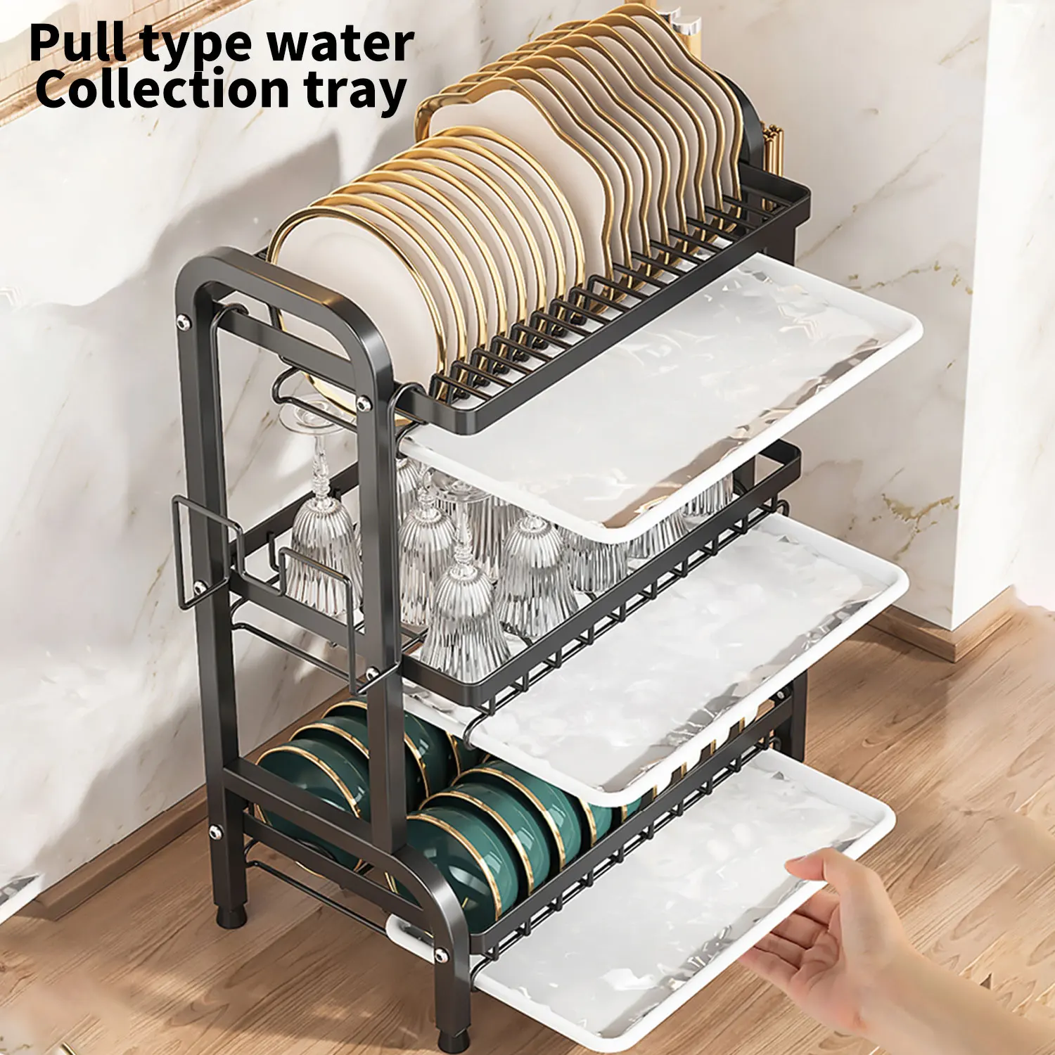 Image 3: Égouttoir à vaisselle à 3 niveaux, grande capacité, pour comptoir, avec support pour ustensiles, couteaux et planches à découper, plateaux amovibles